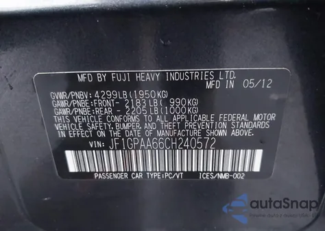 2012 Subaru Impreza 2.0I из США, поврежденный, VIN JF1GPAA66CH240572